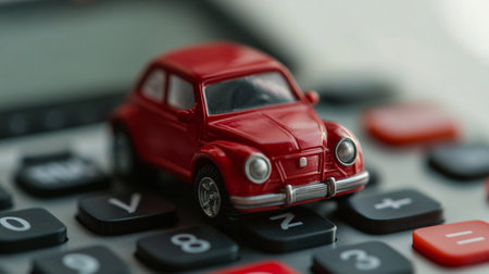Red toy car on calculator. Business and finance concept. Selective focus.の素材