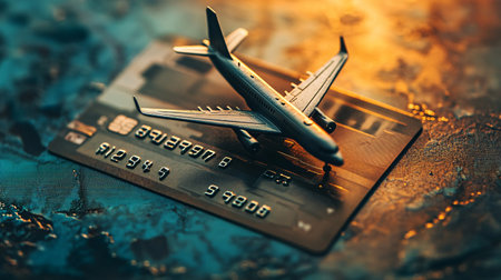 Plane model and credit card on the background of the world map. Travel concept.の素材