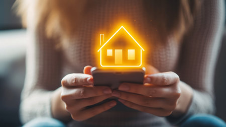Woman using smartphone with house icon. Real estate and technology concept.の素材