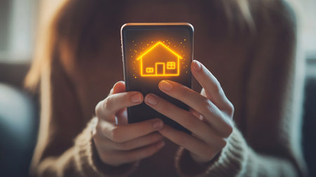 Close up of woman using smartphone with glowing home icon. Technology conceptの素材