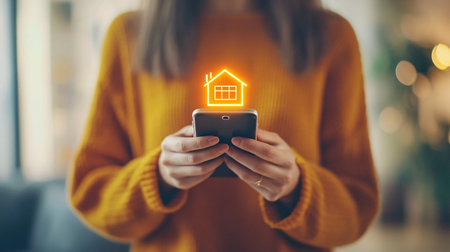 Close up of woman using mobile phone with house icon on the screenの素材