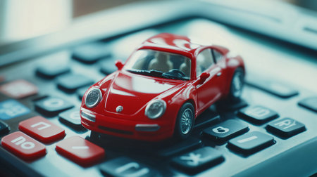 Calculator and red toy car on the background of the calculatorの素材