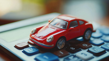 Red car model on calculator. Business and finance concept. Vintage toneの素材