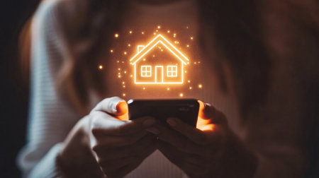 Woman using smartphone with glowing house icon. Real estate and technology conceptの素材