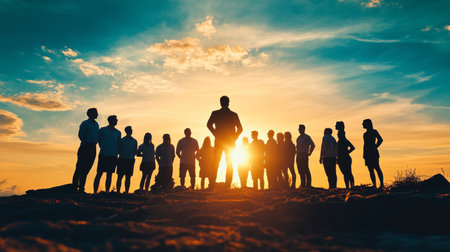 Silhouette of a group of business people standing together at sunsetの素材