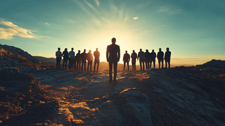 Silhouette of a group of business people standing on the top of a mountainの素材