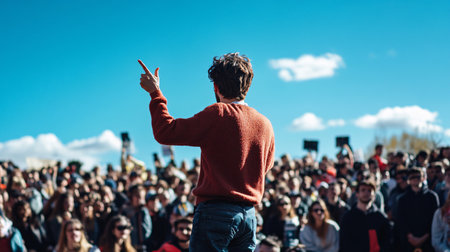 Rear view of a young man in a red sweater standing in front of a crowd of people and pointing at somethingの素材