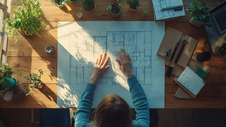 Top view of female architect working with blueprints at table in officeの素材