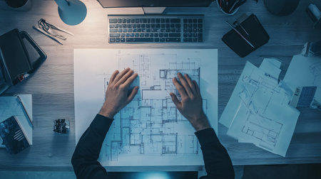Top view of female architect working with blueprints at desk in officeの素材