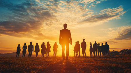 Silhouette of Businessman with Group of People at Sunset Conceptの素材