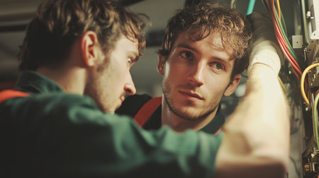 Two young men working in a data center. They are looking at the camera and smiling.の素材