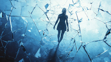 Woman breaking glass with one hand and another as symbol of problem solvingの素材