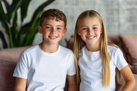 Portrait of smiling brother and sister looking at camera while sitting on sofa at homeの素材