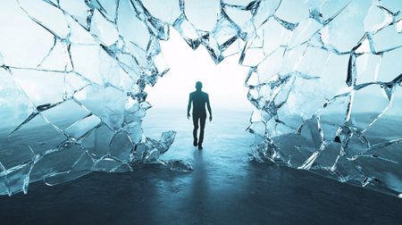 Conceptual image of businesswoman standing in cracked hole in iceの素材