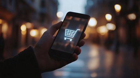 Hand holding smartphone with shopping cart icon on screen. Online shopping concept.の素材