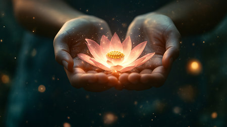 Hands holding lotus flower with glowing light inside. 3D renderingの素材