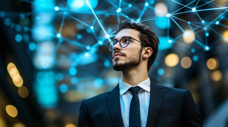 businessman with eyeglasses and social network connection on city backgroundの素材