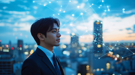 Double exposure of young businessman and network connection on the city background.の素材