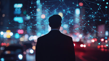 Back view of businessman looking at night city with glowing connection concept. Double exposureの素材