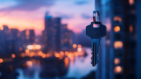 Key in the keychain on the background of the city at duskの素材