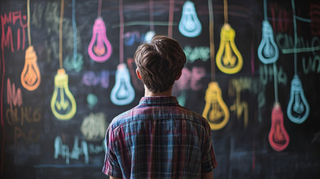 Rear view of man standing in front of chalkboard in classroomの素材