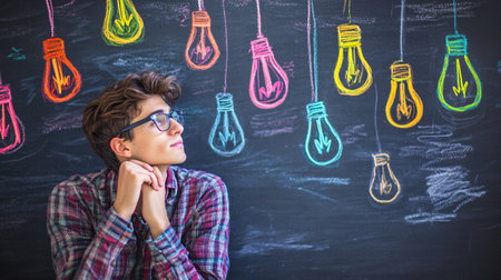 Portrait of thoughtful hipster against blackboard with lightbulbsの素材
