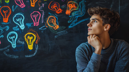 Thoughtful young man looking away while standing near blackboard with colorful lightbulbsの素材