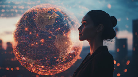 Side view of young businesswoman looking at planet hologram. Globalization conceptの素材