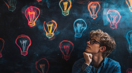 Portrait of thoughtful boy in glasses looking at colorful light bulbs on chalkboardの素材