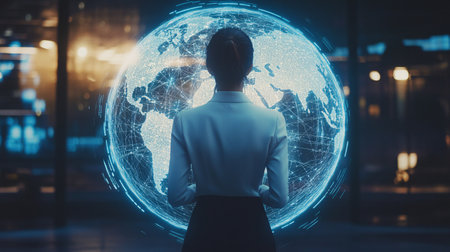 Back view of young businesswoman with globe hologram on blurry night city background. Global business concept. Double exposureの素材