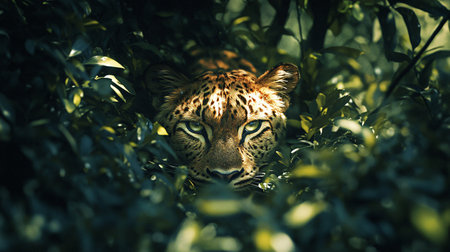 Leopard hiding in the bushes. Animal portrait in the jungle.の素材