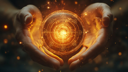 Close up of human hands holding sacred geometry symbol. 3D renderingの素材