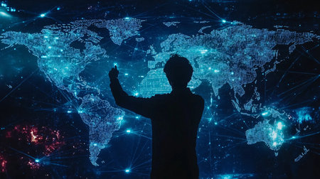 Silhouette of businessman touching virtual screen with world map at nightの素材