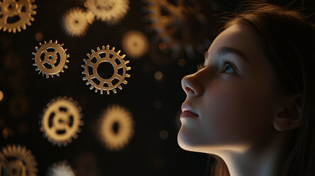 Close-up portrait of a young girl looking at gears and cogwheelsの素材