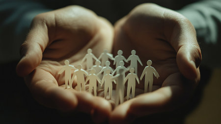 Human hands holding a group of paper people in the form of a circleの素材