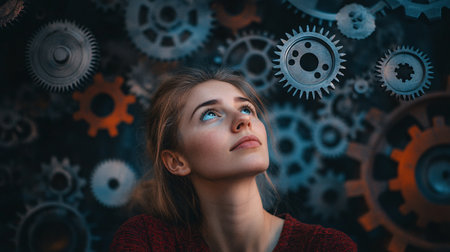Portrait of a young woman with cogwheels in the backgroundの素材