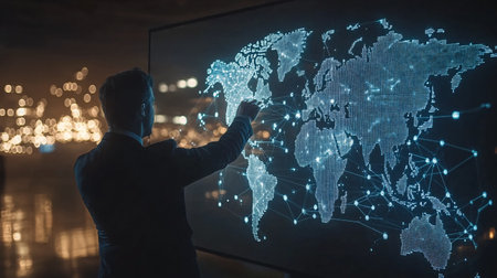 Silhouette of a man in a business suit working with a virtual projection of a world map on a screen. The concept of networking and communication.の素材