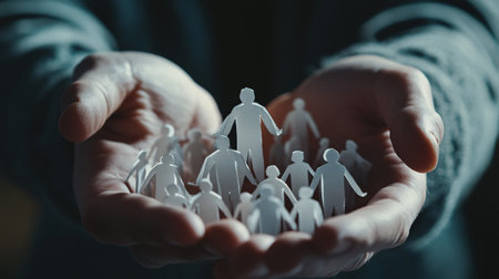 Close-up image of human hands holding paper people in palms.の素材