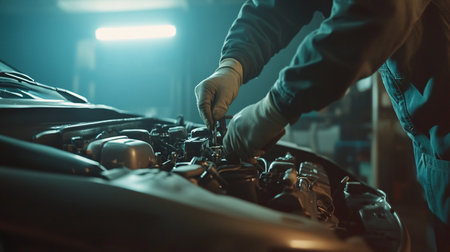 Auto mechanic working in auto repair shop. Car service and maintenance concept.の素材
