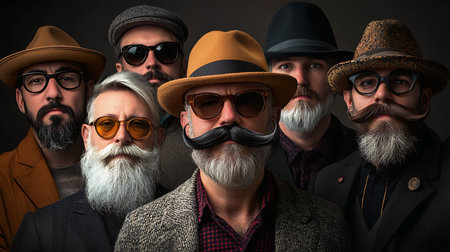 Portrait of a group of hipster men wearing hats and sunglasses.の素材