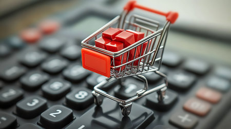 Shopping cart with red cubes on the calculator, business and finance conceptの素材