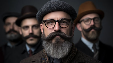 Group of men with a long beard and mustache in a photo studioの素材