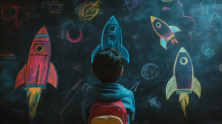 Back view of boy looking at rocket drawing on blackboard. Startup conceptの素材