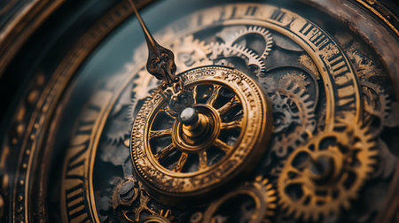 Closeup of old clock face with gears. Time management concept.の素材