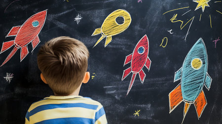 Back view of a boy looking at a rocket drawing on a blackboardの素材