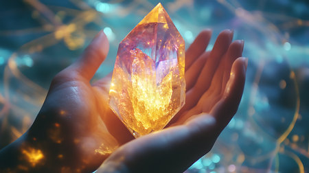 Crystal in hand on abstract background. 3d rendering toned imageの素材