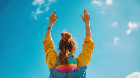 Young woman in yellow jacket with raised hands against blue sky with cloudsの素材