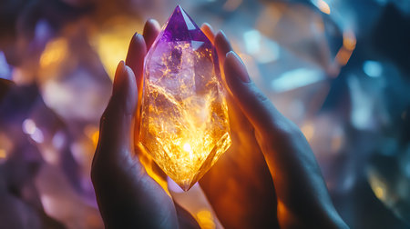 Hands of a woman holding a crystal in front of her.の素材