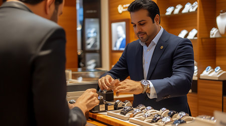 Salesman giving ring to customer in luxury jewelry store. Handsome man in suit choosing jewelry.の素材