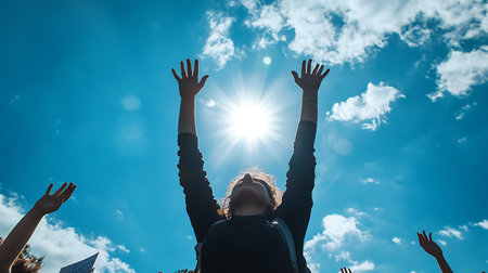 Happy young woman raising her hands up with the sun in the backgroundの素材